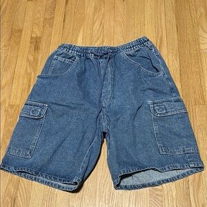 Vintage R&R Blue Cargo Denim Skater Shorts / Jorts with Elastic Waistband